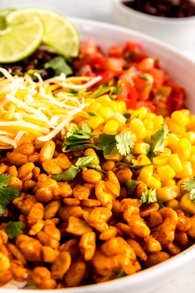 Close up of tempeh burrito bowl with cilantro