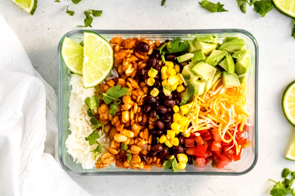 Tempeh burrito bowl in meal prep container