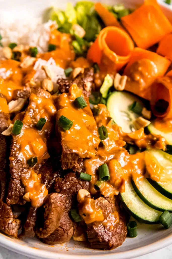 Close up of Bulgogi-Inspired Bowl with Gochujang Peanut Sauce 