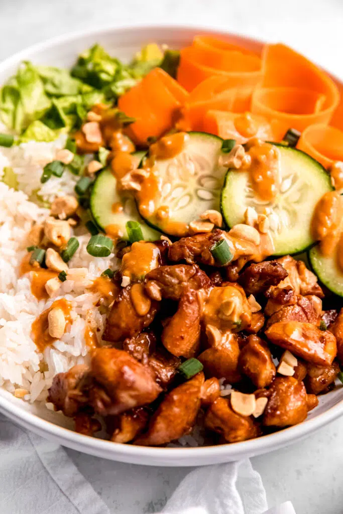 Close up of Bulgogi-Inspired Bowl with Gochujang Peanut Sauce with Fresh Peanuts 