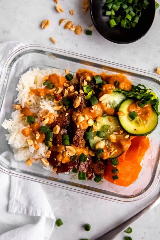 Bulgogi-Inspired Bowl with Gochujang Peanut Sauce in storage container
