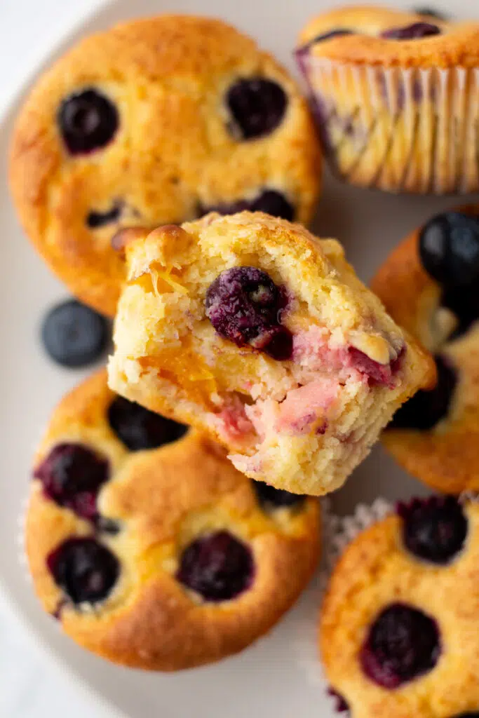 Blueberry protein muffin with bite taken out