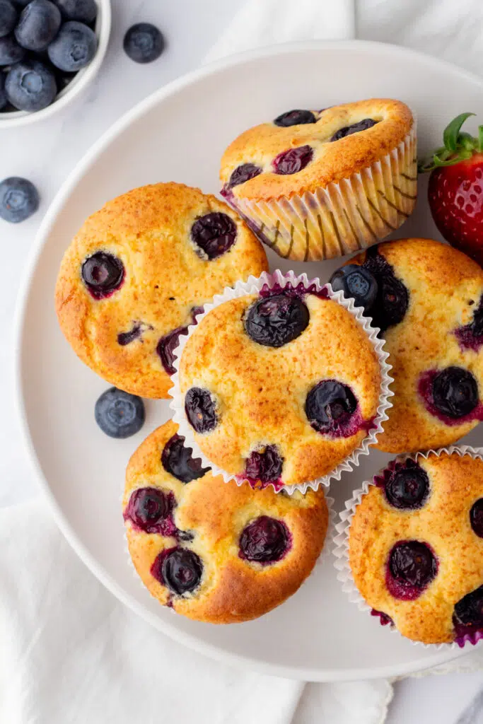 Blueberry protein muffins stacked on top of each other on white plate and fresh blueberries