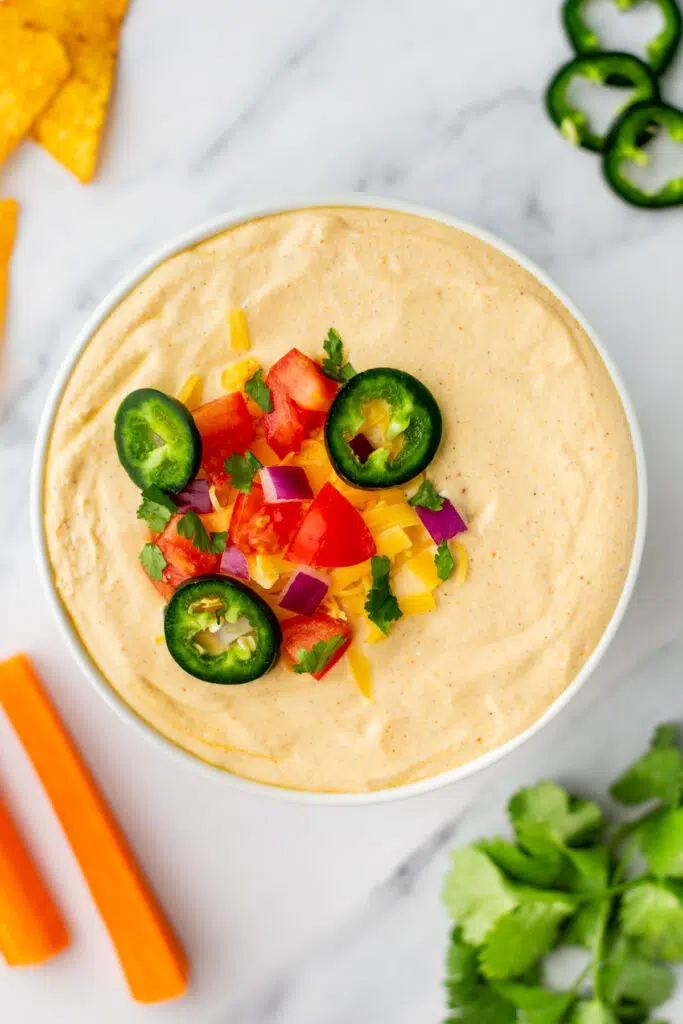 Cottage cheese queso dip with garnish