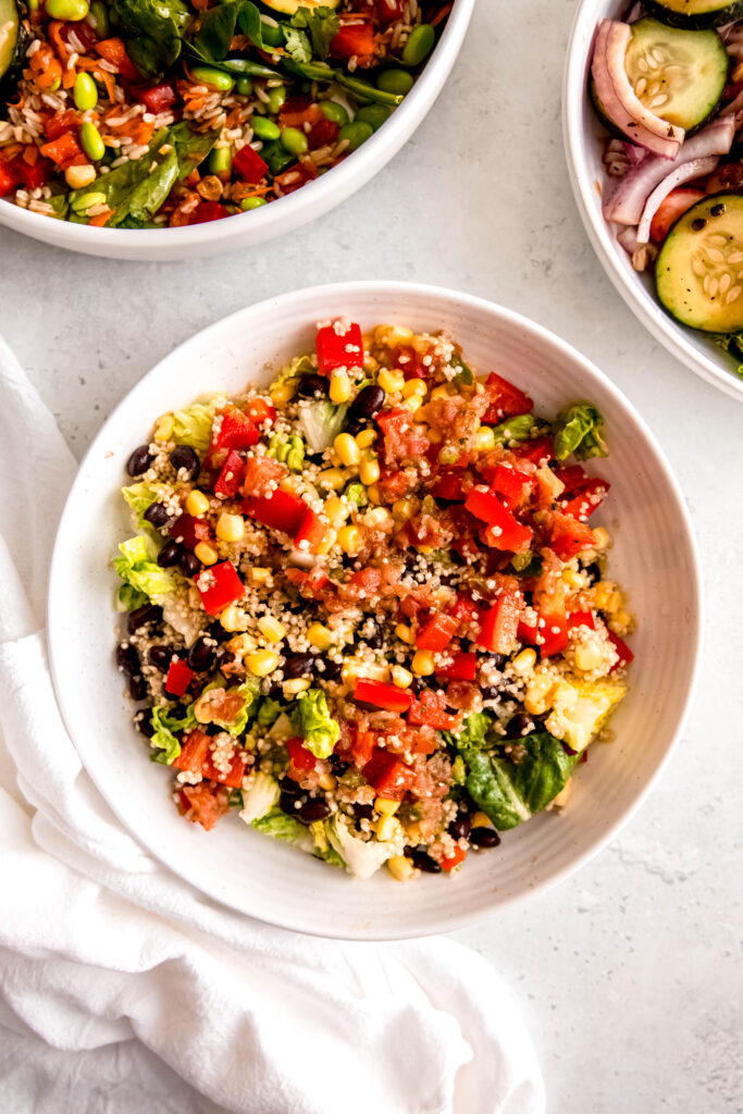 Southwest quinoa salad in bowl with white napkin