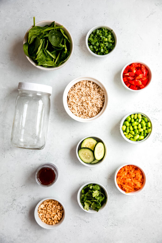 Ingredients for asian-inspired edamame salad laid out