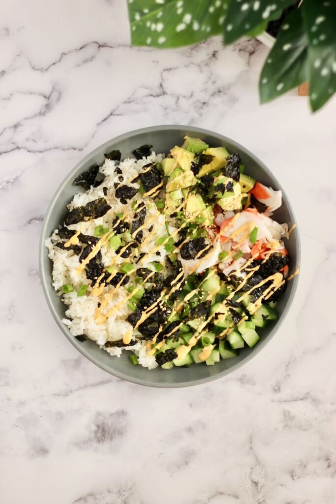 California-Style Sushi Bowl with drizzle of spicy mayo
