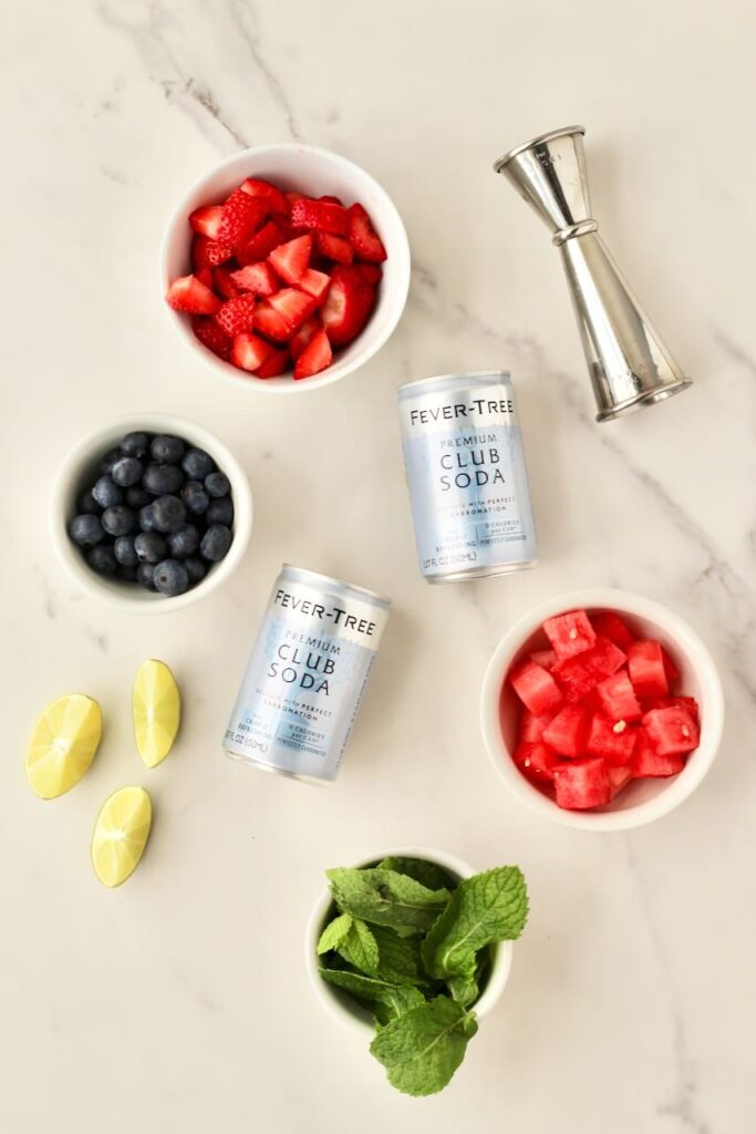 Ingredients to make customizable fruit mojitos laid out