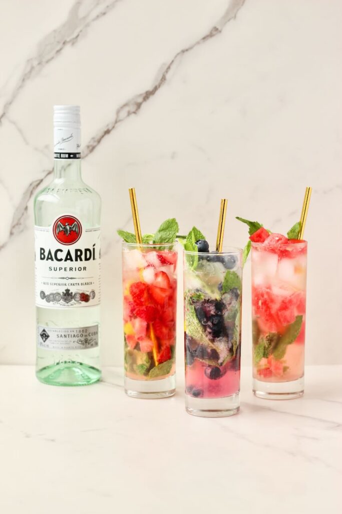 Customizable fruit mojitos done 3 ways with Bacardi bottle