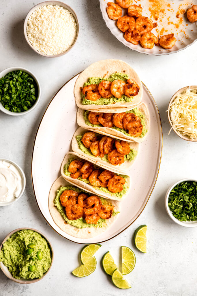 Tacos with edamame guac and shrimp