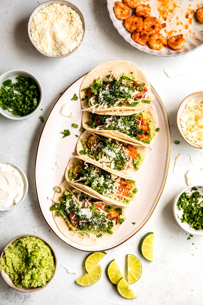 Shrimp tacos with added toppings of your choice