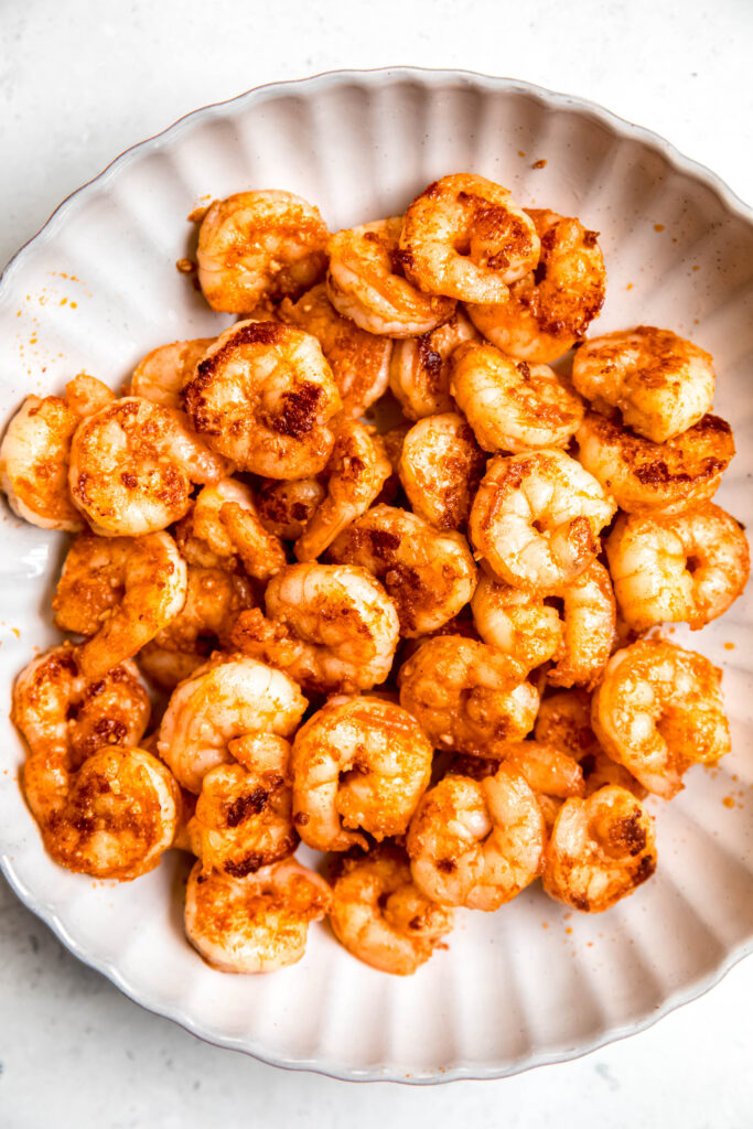 Cooked shrimp in white bowl