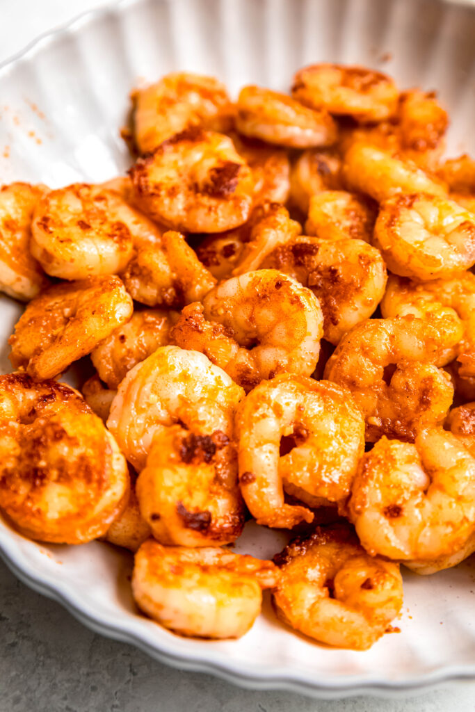 Cooked shrimp in white bowl