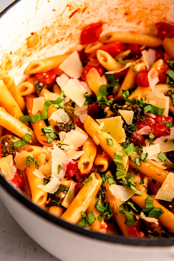 One pot chickpea pasta close up of parm