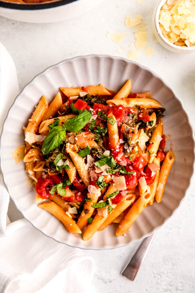 One pot chickpea pasta plasted on white plate