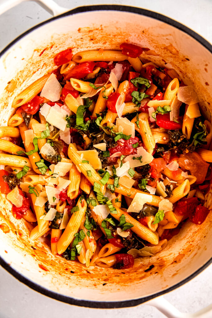 Close up of parmesan on one pot pasta