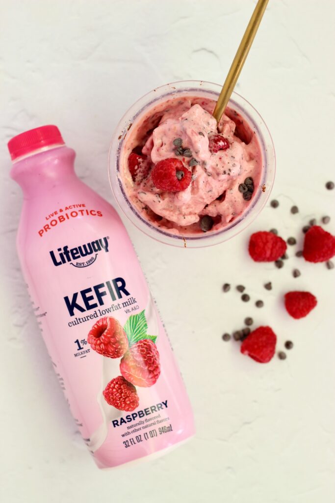 Raspberry Dark Chocolate Lifeway Kefir Protein Ice Cream in pint and Lifeway Kefir bottle