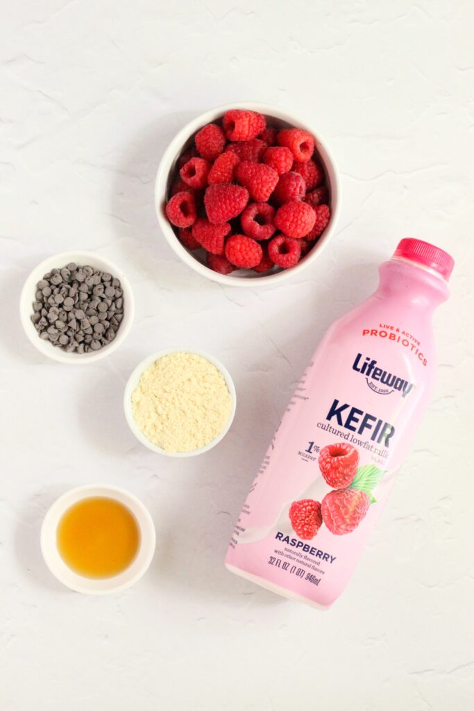 Ingredients need to make Raspberry Dark Chocolate Lifeway Kefir Protein Ice Cream laid out