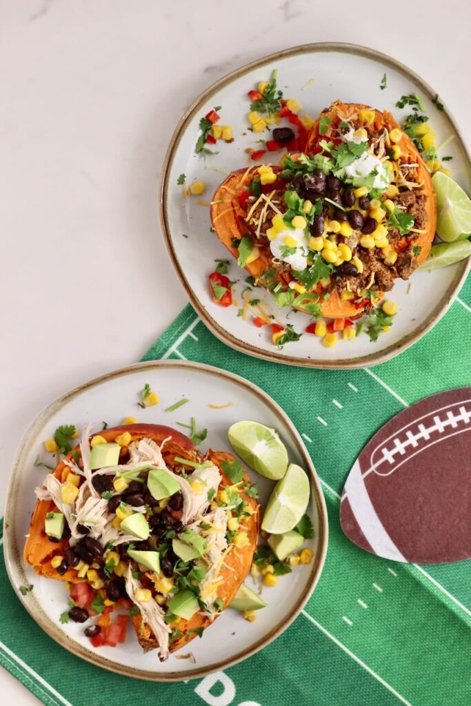 Sweet potatoes on two plates with football cutout in background