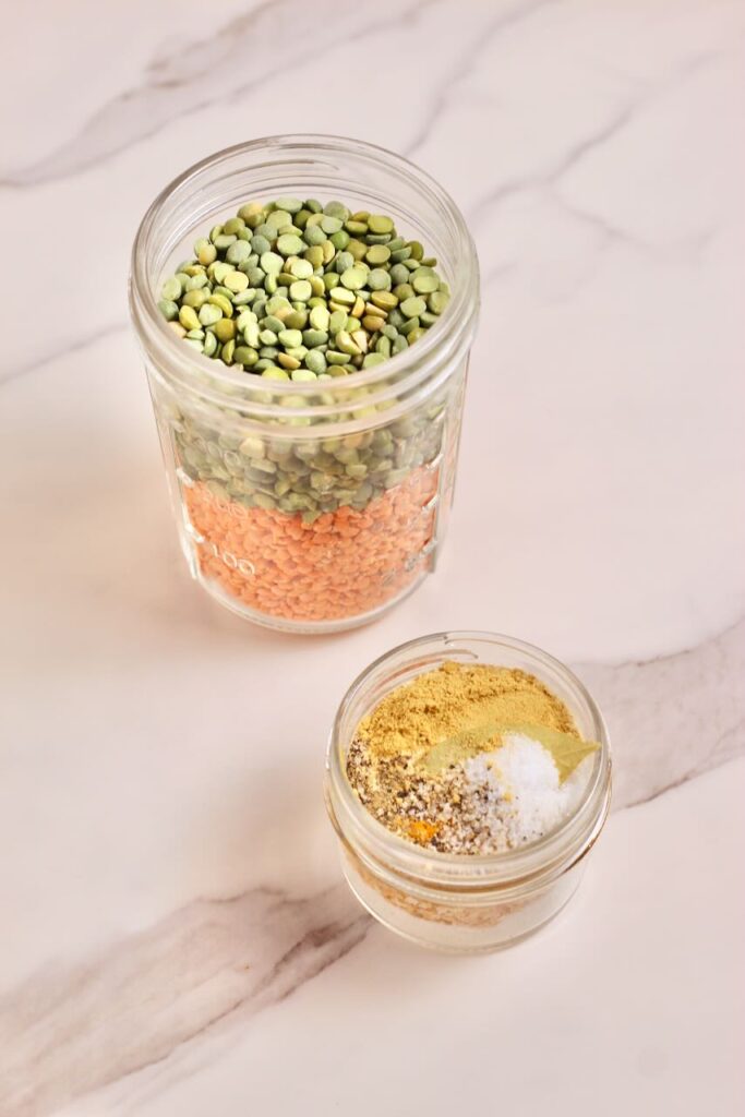 Lentils and split peas in jar and seasonings in jar