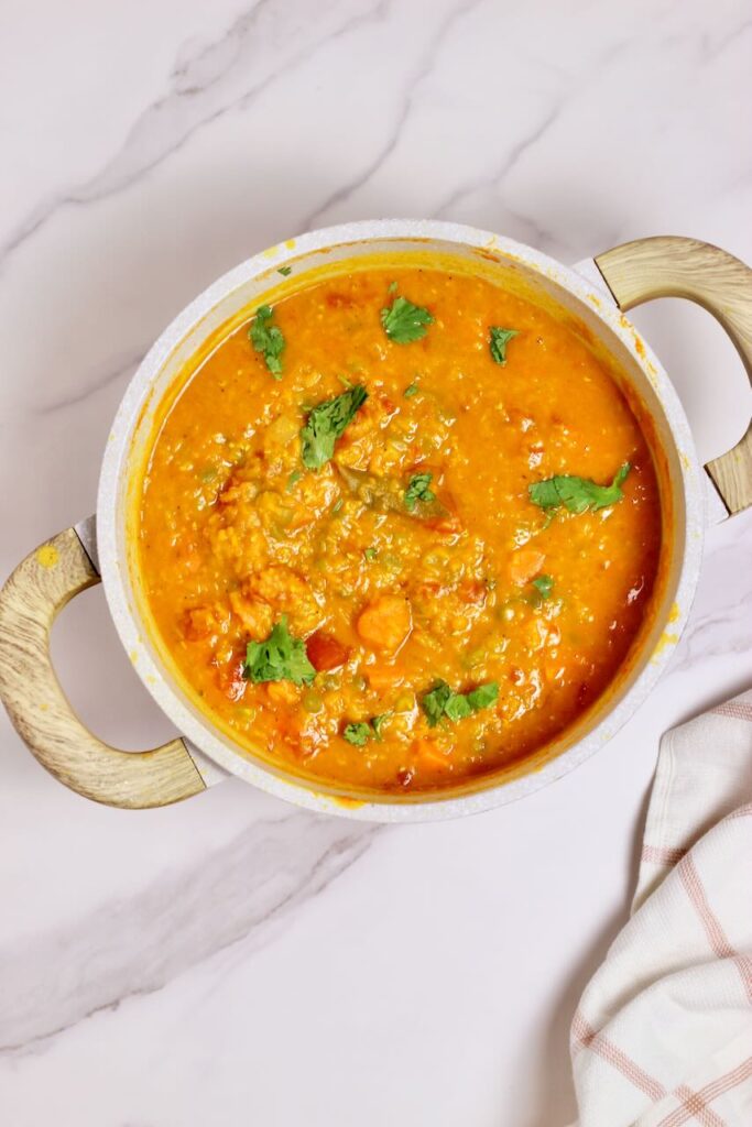 Golden Curry Lentil soup final product in pot