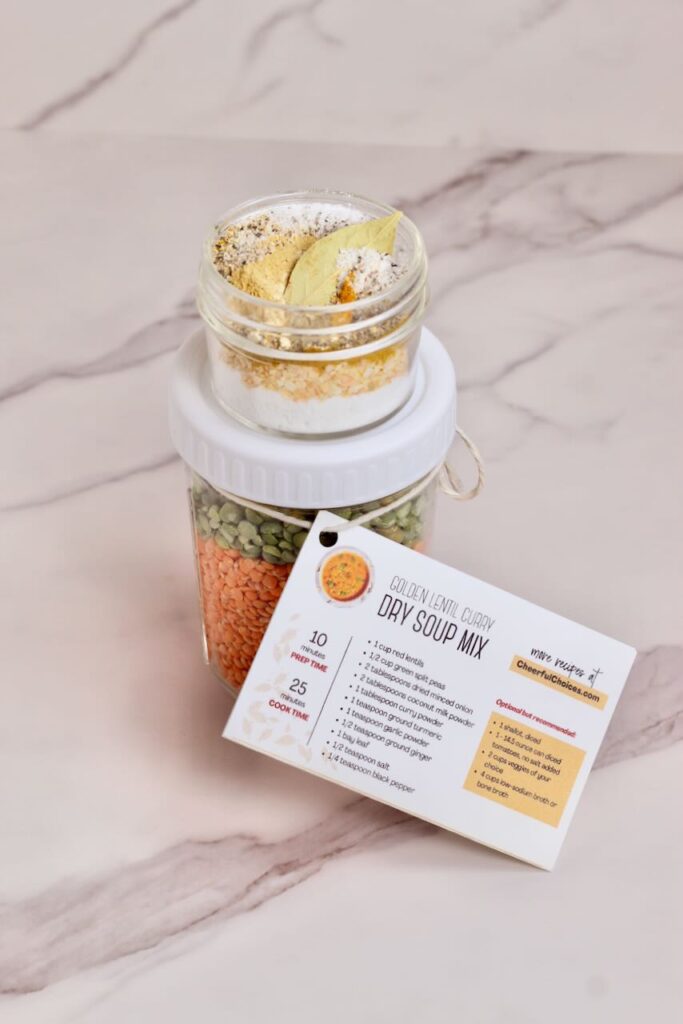 Golden Curry Lentil Dry Soup Mix in jar with recipe card