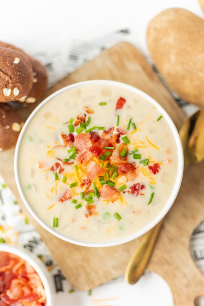 Creamy potato soup with toppings