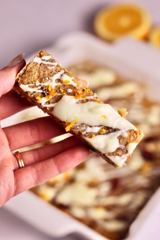 Cranberry Orange Energy Bar close up with orange zest