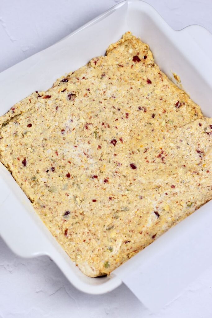 Blended mixture spread evenly into white baking dish