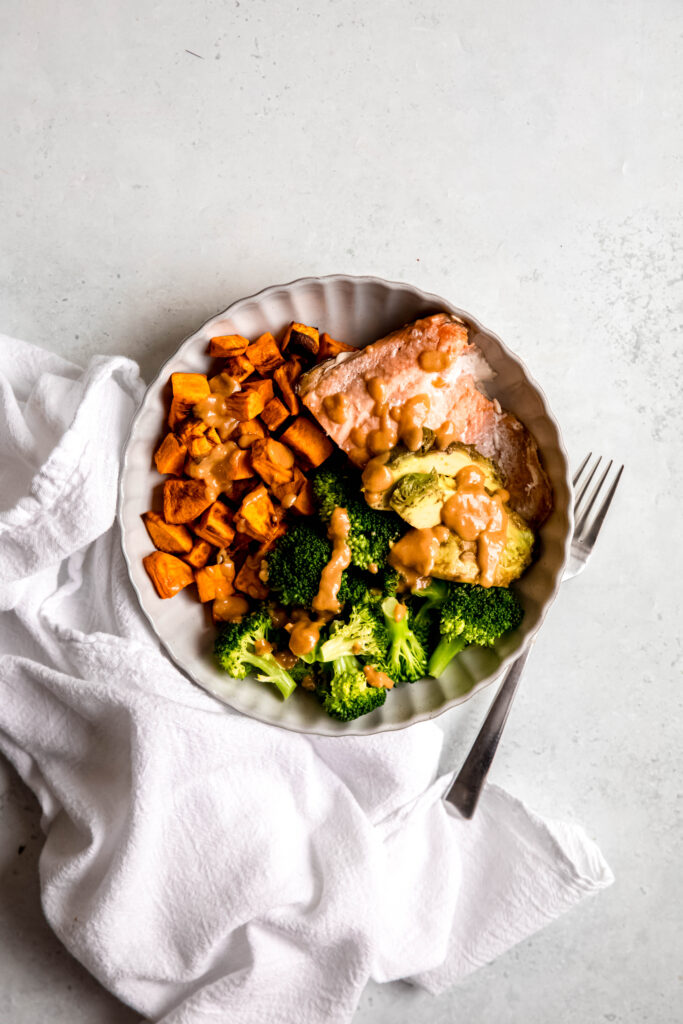 Power bowl with peanut sauce drizzle