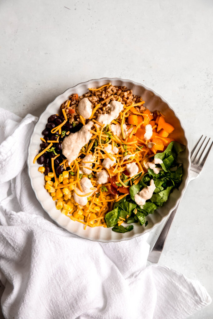 Power bowl topped with cheese