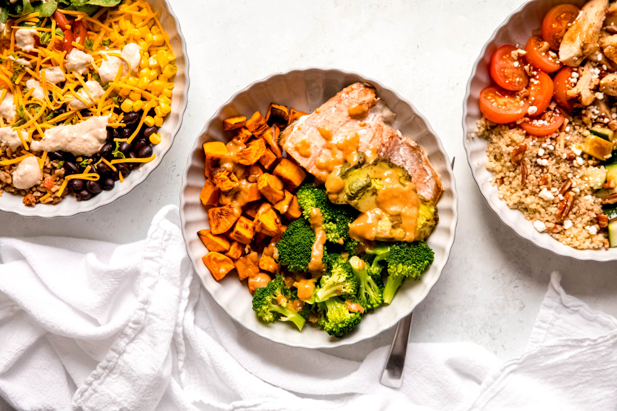 3 power bowl variations on white plates