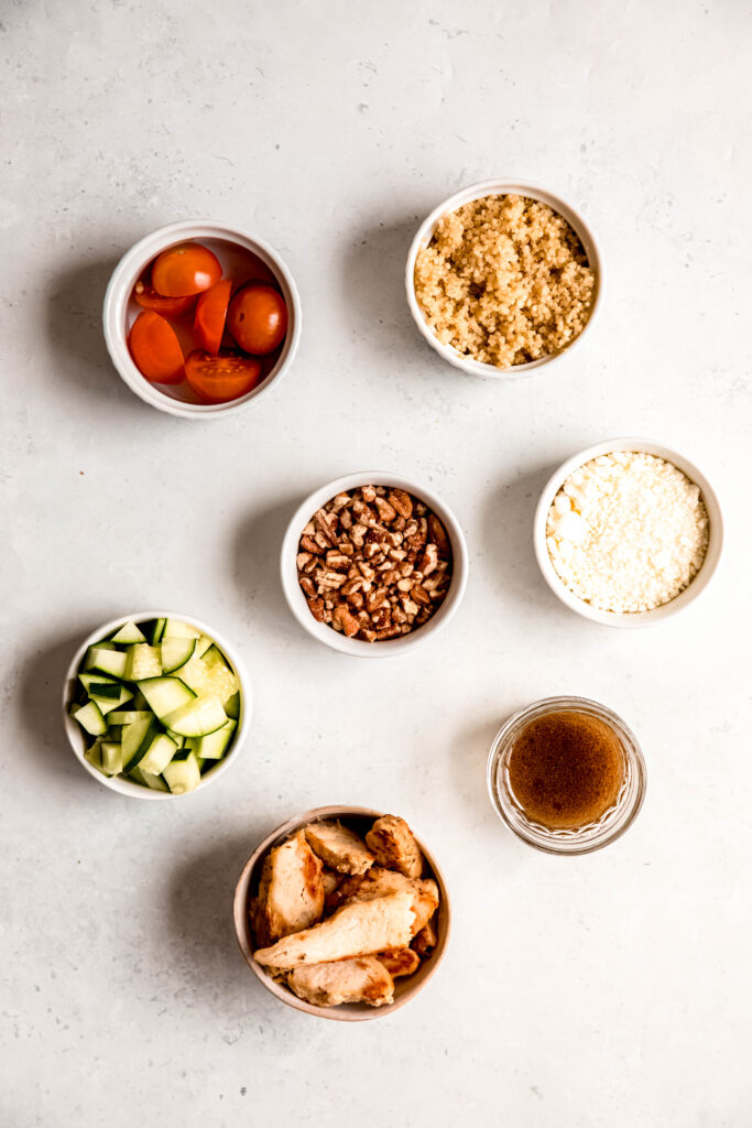 ingredients for power bowl in separate white bowls