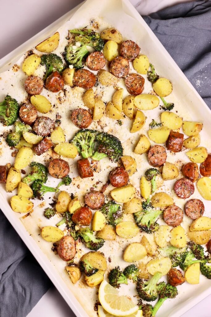 Sheet pan sausage and veggies after cooking