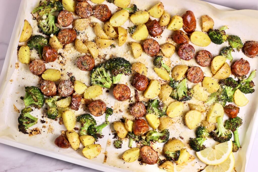 Sheet pan sausage and veggies after  cooking