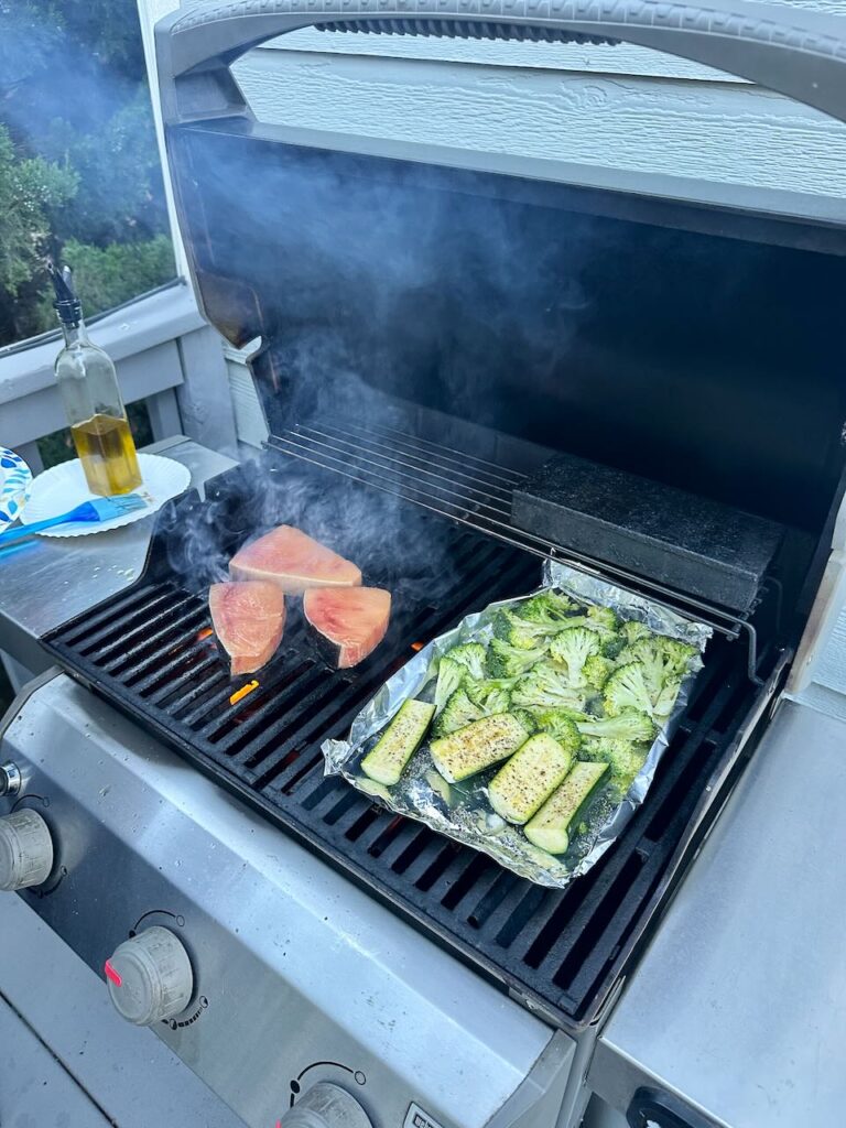 Miso Swordfish Steak on grill broccoli