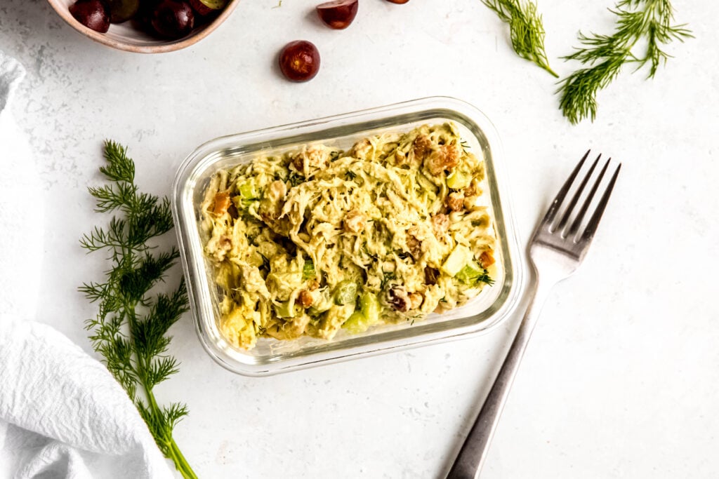 Chicken salad sandwich mixture in meal prep container