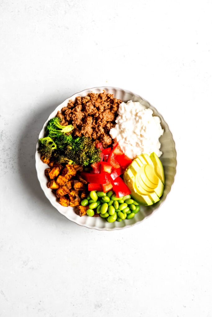 Hot Honey Ground Beef Bowl fully assembled on white plate