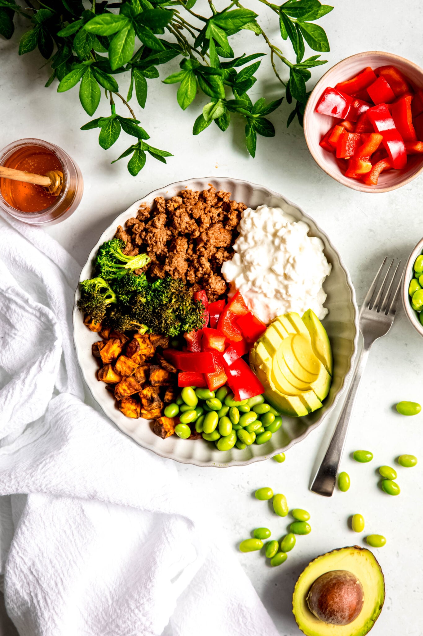 Hot Honey Ground Beef Bowls with fork on side