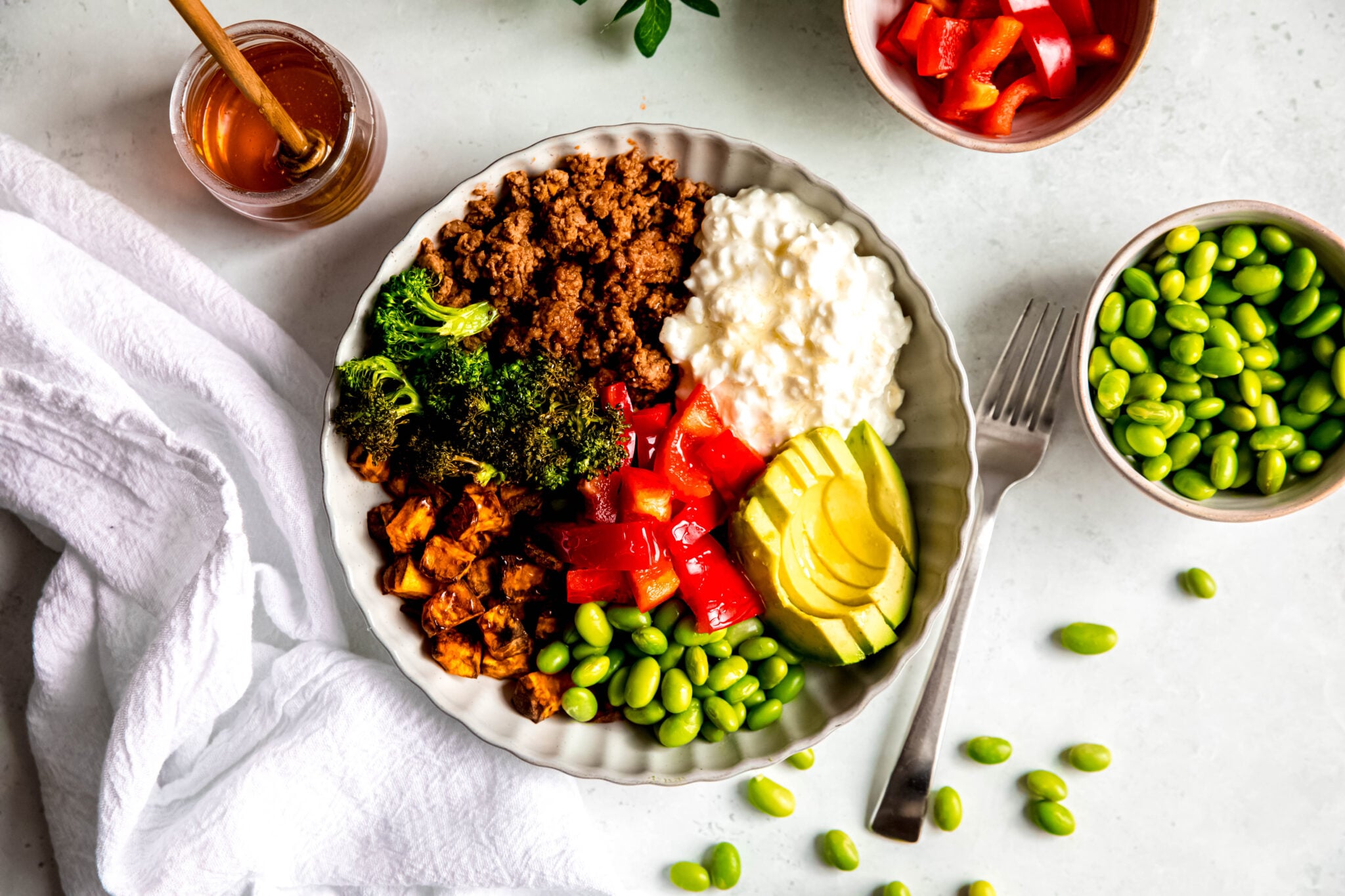 Hot Honey Ground Beef Bowls in white bowl