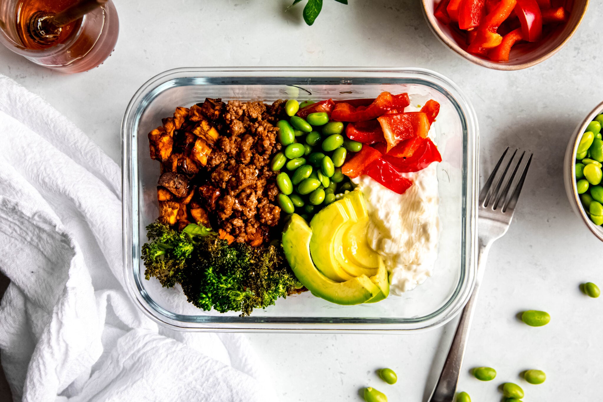 Hot Honey Ground Beef Bowls in meal prep container