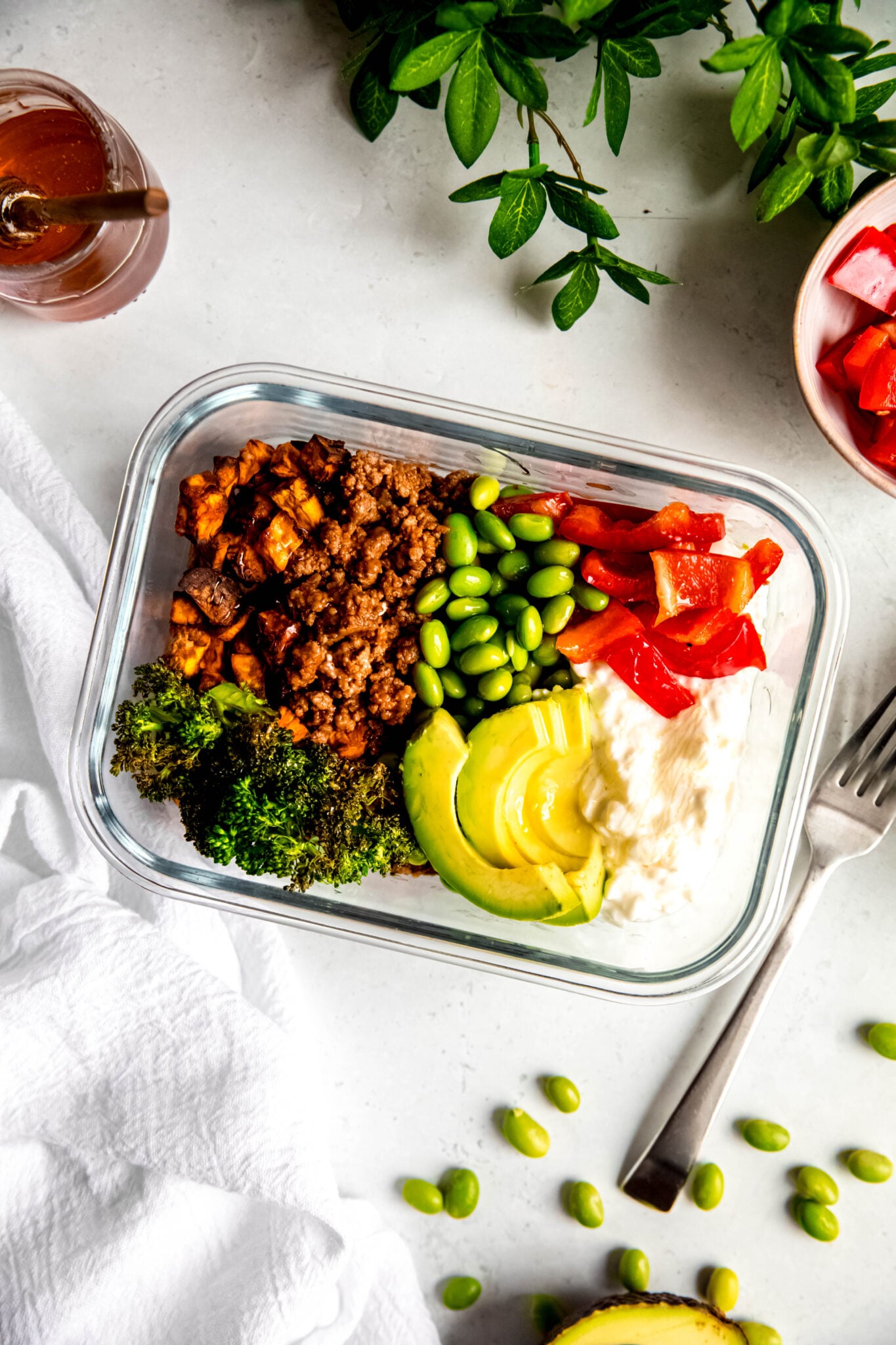 Hot Honey Ground Beef Bowls in meal prep container