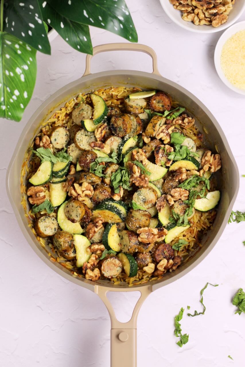 Sausage Orzo Risotto with Veggies in skillet