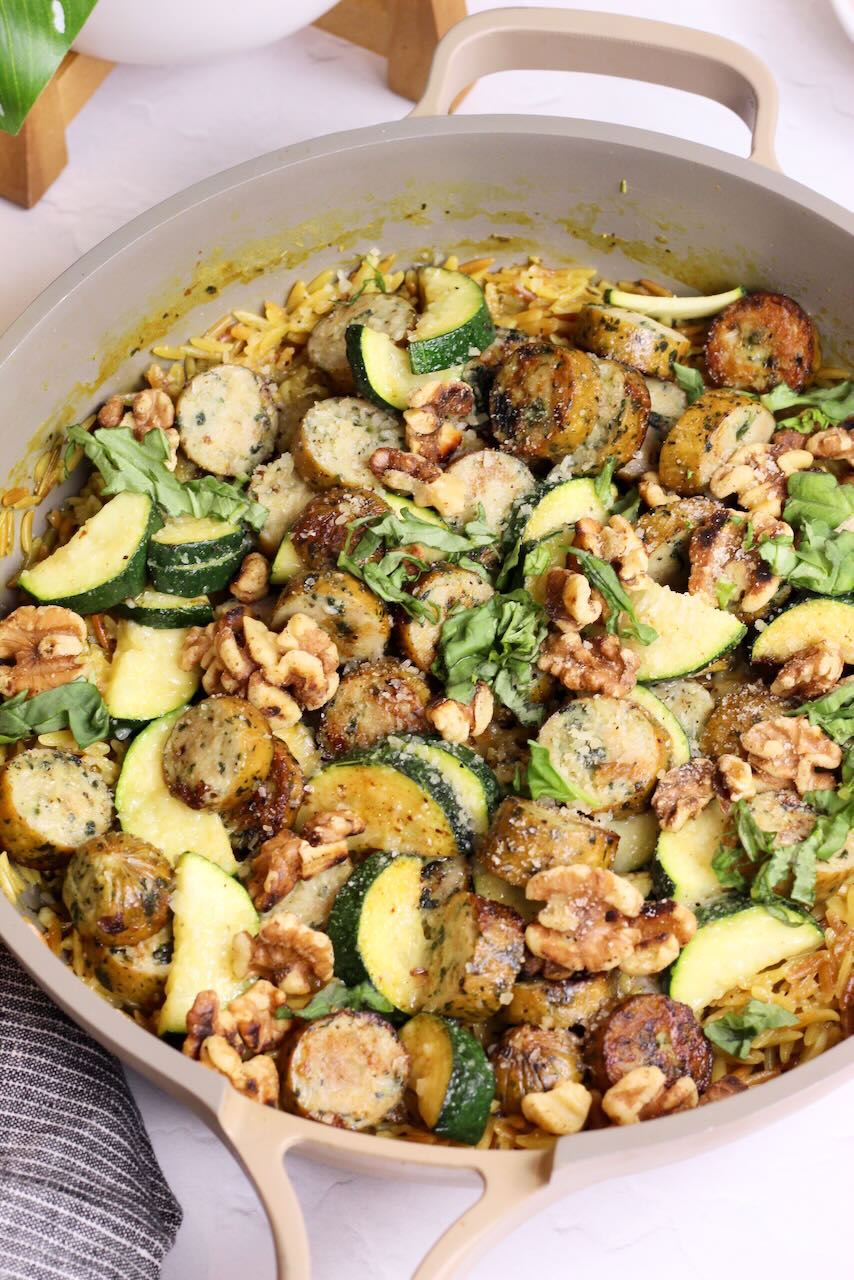 Close up of Sausage Orzo Risotto with Veggies