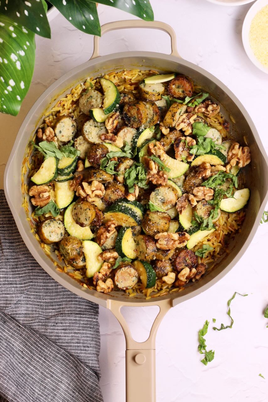 Sausage Orzo Risotto in skillet with garnish