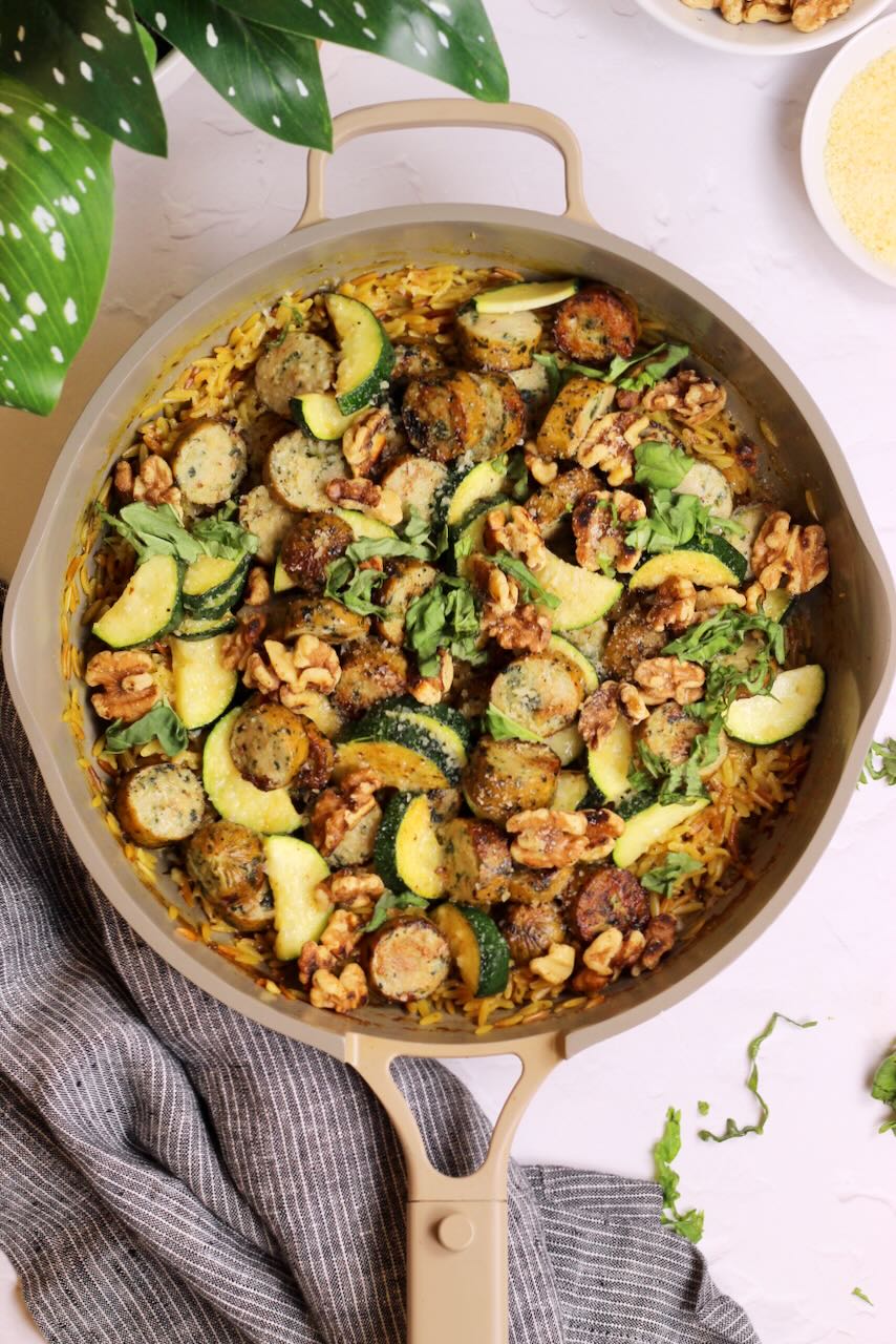 Sausage Orzo Risotto with Veggies in skillet