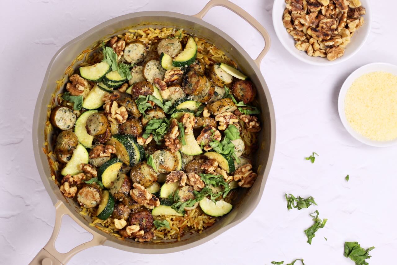 Sausage Orzo Risotto with Veggies in skillet