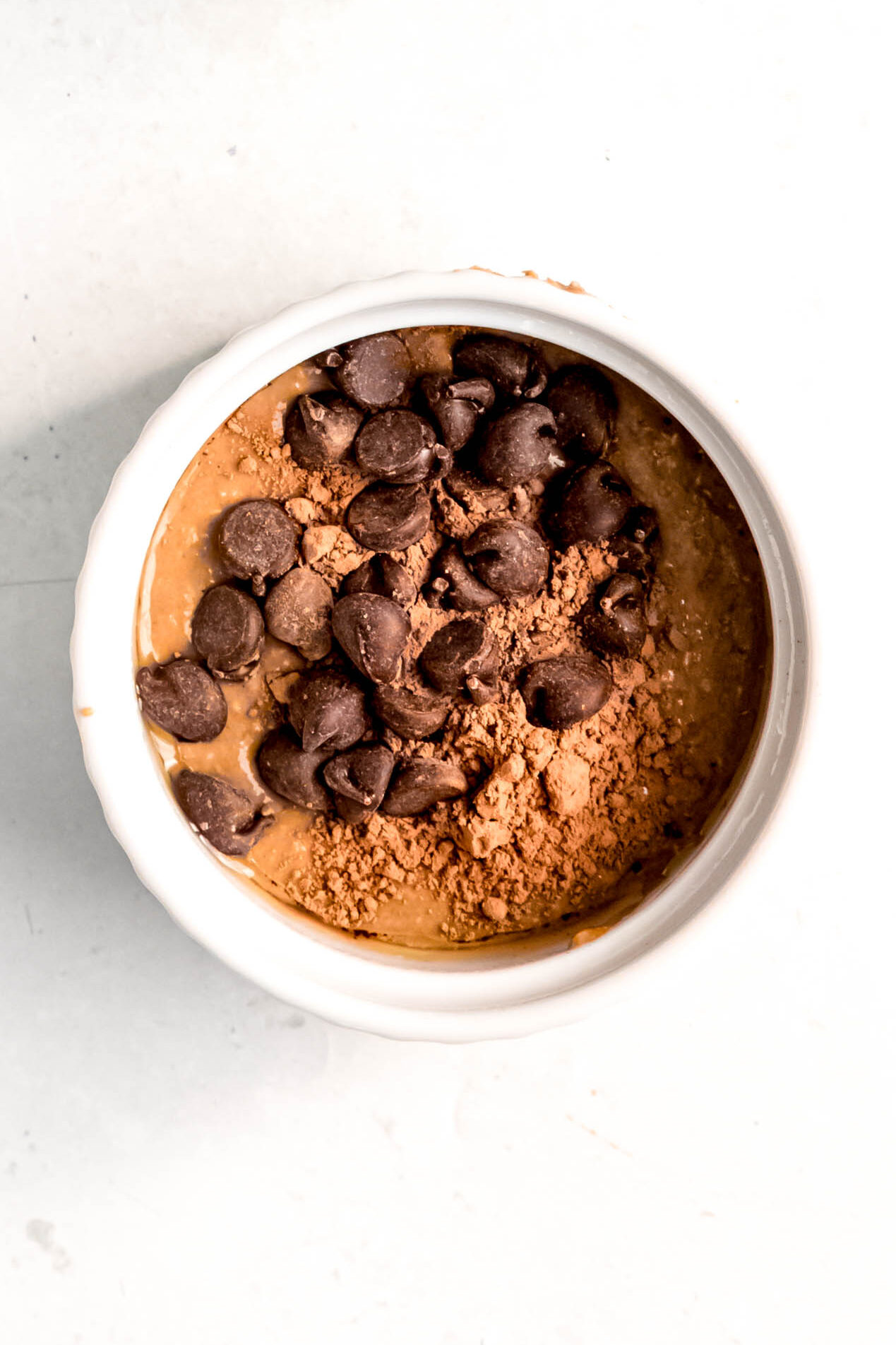 chocolate chips and cocoa powder added to batter