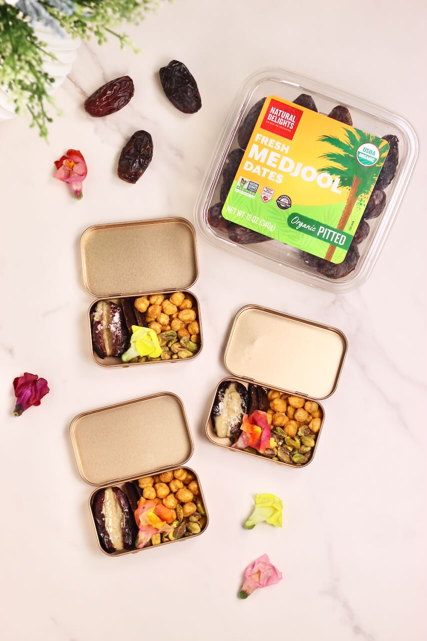 Three snack tins with medjool dates package