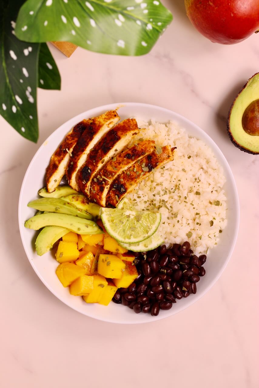 Mango Coconut Tropical Rice Bowl in white bowl